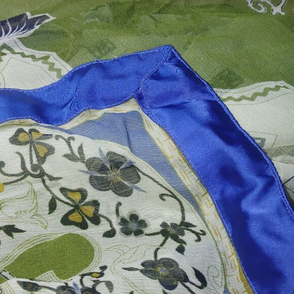 Shawl Wrap Scarf Satin Trim 90 x 42 Multicolor Sheer Floral Geometric Green Blue - Picture 2 of 11